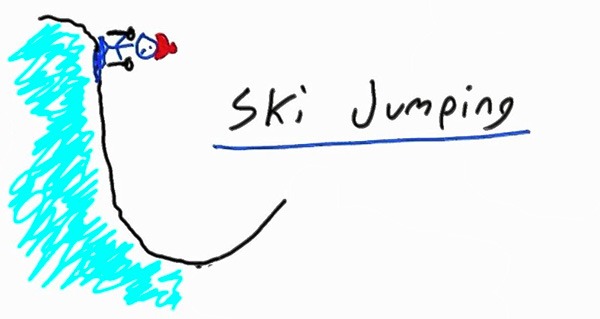 Crude hand drawing of a ski jumper on a very steep slope