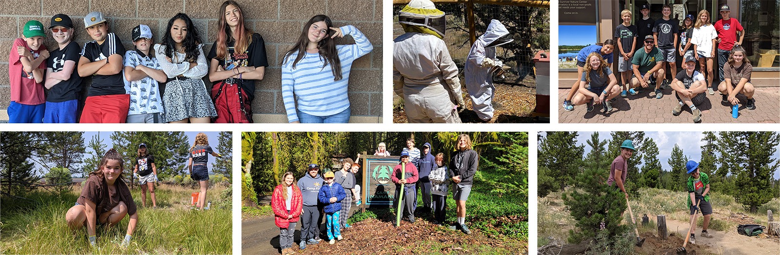 composite of photos of teens at outdoor service projects, including trail maintenance, beekeeping, weeding, and hanging out together