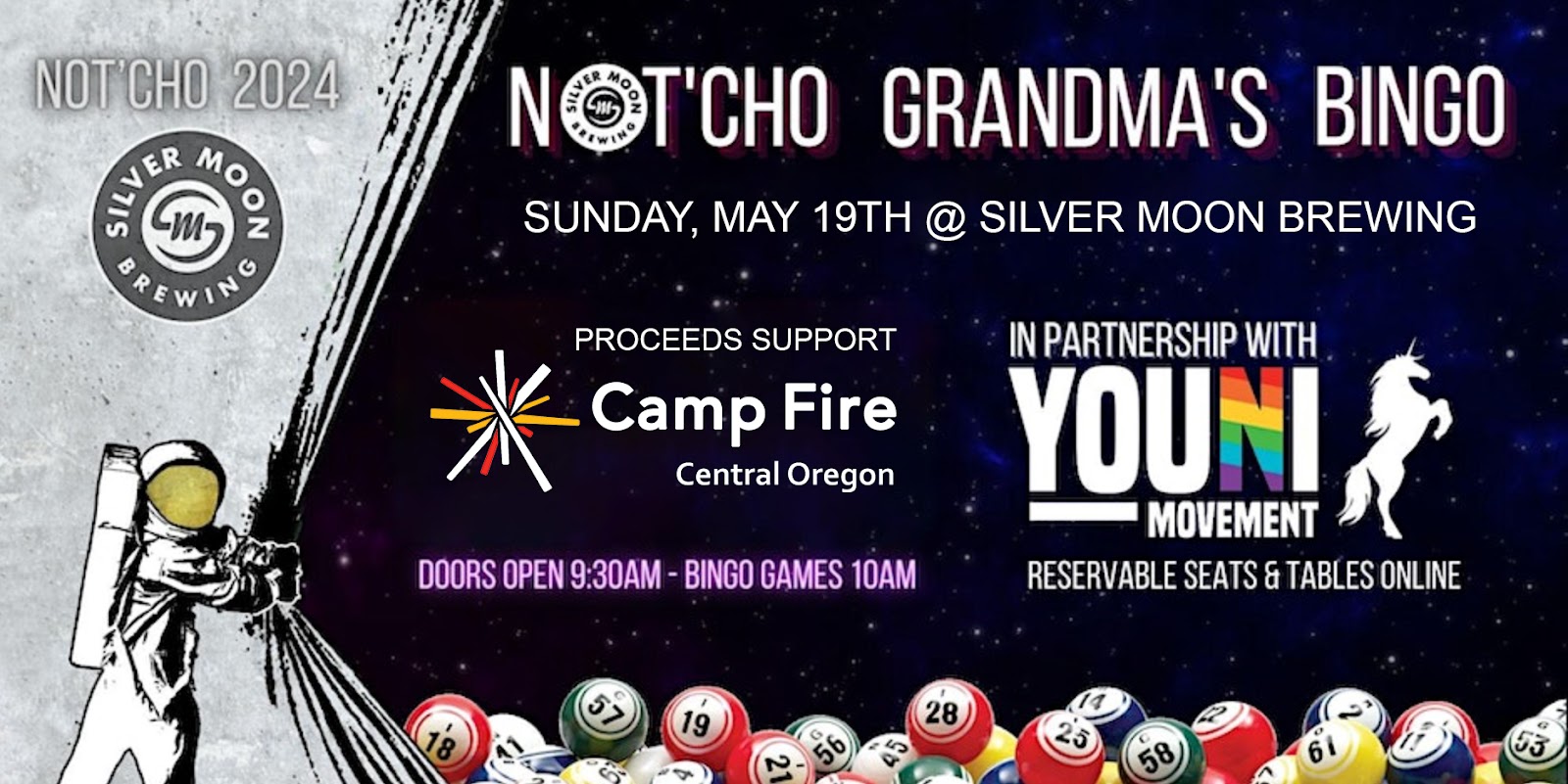 Camp Fire Central Oregon BINGO ad for May 19 with YOUNI Movement at Silvermoon Brewing
