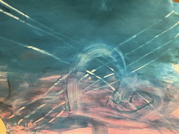 Painting of a pink and blue heart.