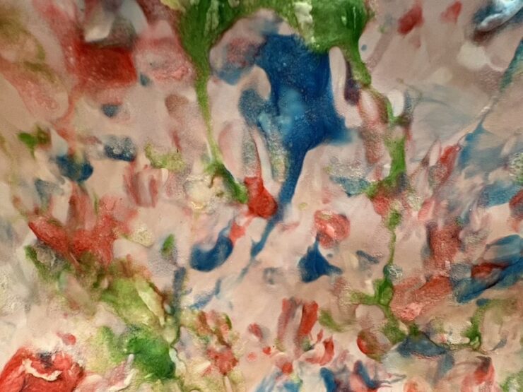 Brightly colored watercolor.