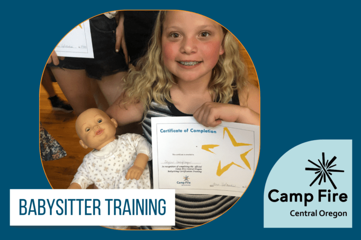 Image of Babysitter Training ad, featuring a girl holding a babydoll and certification.
