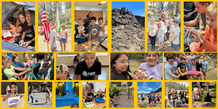 A collage of summer campers and counselors doing various activities and smiling.