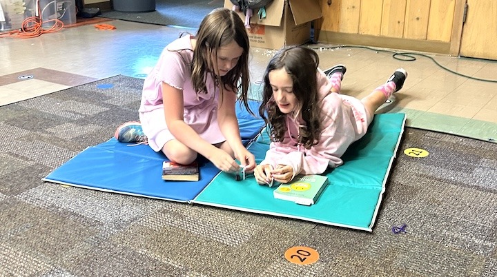 Two girls read together on a mat on the floor.