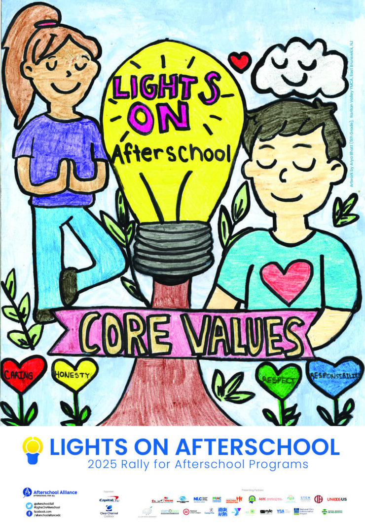 Cartoon graphic featuring core values of Lights on Afterschool